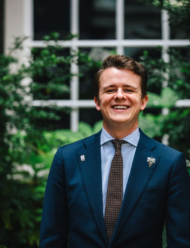 Jasper van Amerongen, sommelier at two Michelinstar Restaurant Vinkeles at luxury boutique hotel The Dylan Amsterdam overlooking the secluded garden terrace in the Jordaan area in Amsterdam. Part of the Leading Hotels of The World.